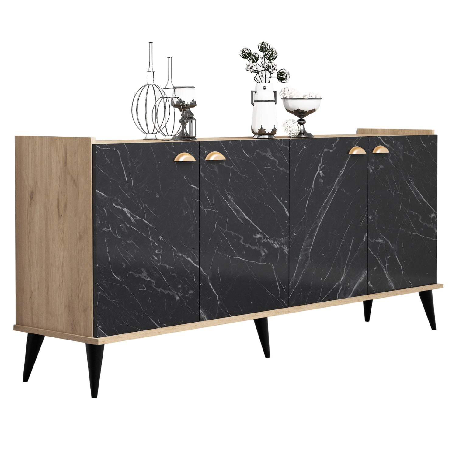 Меламинов бюфет цвят  естествено дърво - черен мрамор 180x41x77,8см.