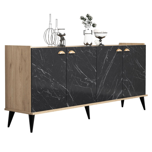 Меламинов бюфет цвят  естествено дърво - черен мрамор 180x41x77,8см.