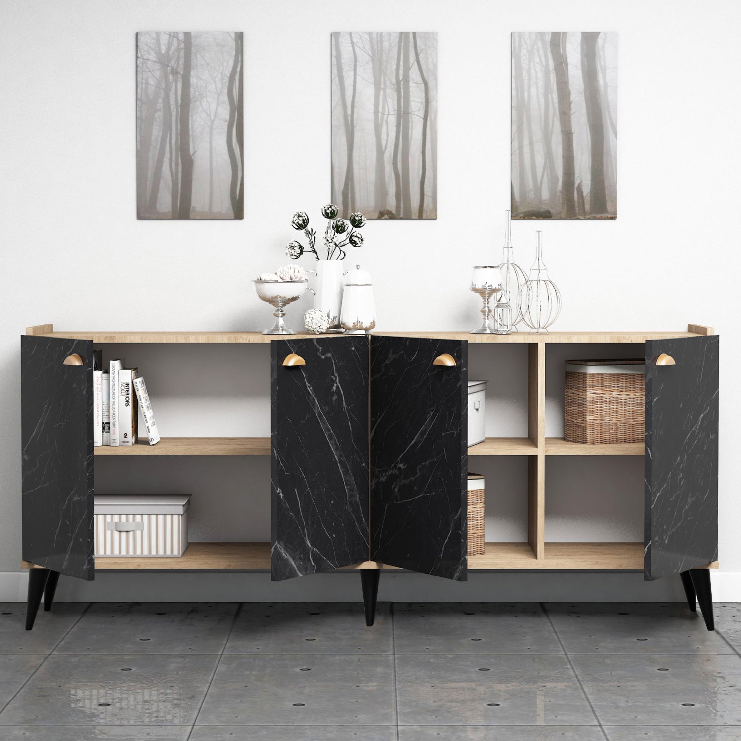 Меламинов бюфет цвят  естествено дърво - черен мрамор 180x41x77,8см.