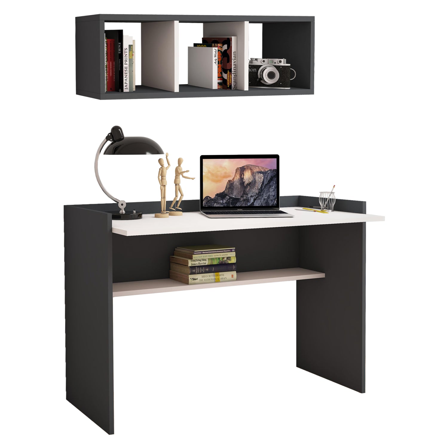 Офис бюро+ стенен рафт сив-бял цвят КГ11775.13