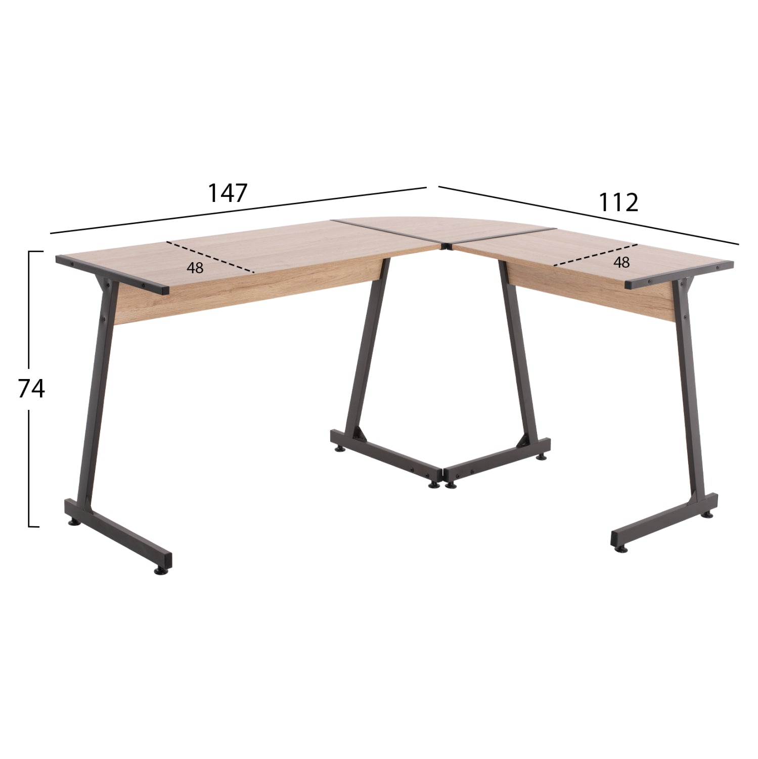 Ъглово бюро в тъмно сив метал с mdf повърхност в дъб 147x112x74см