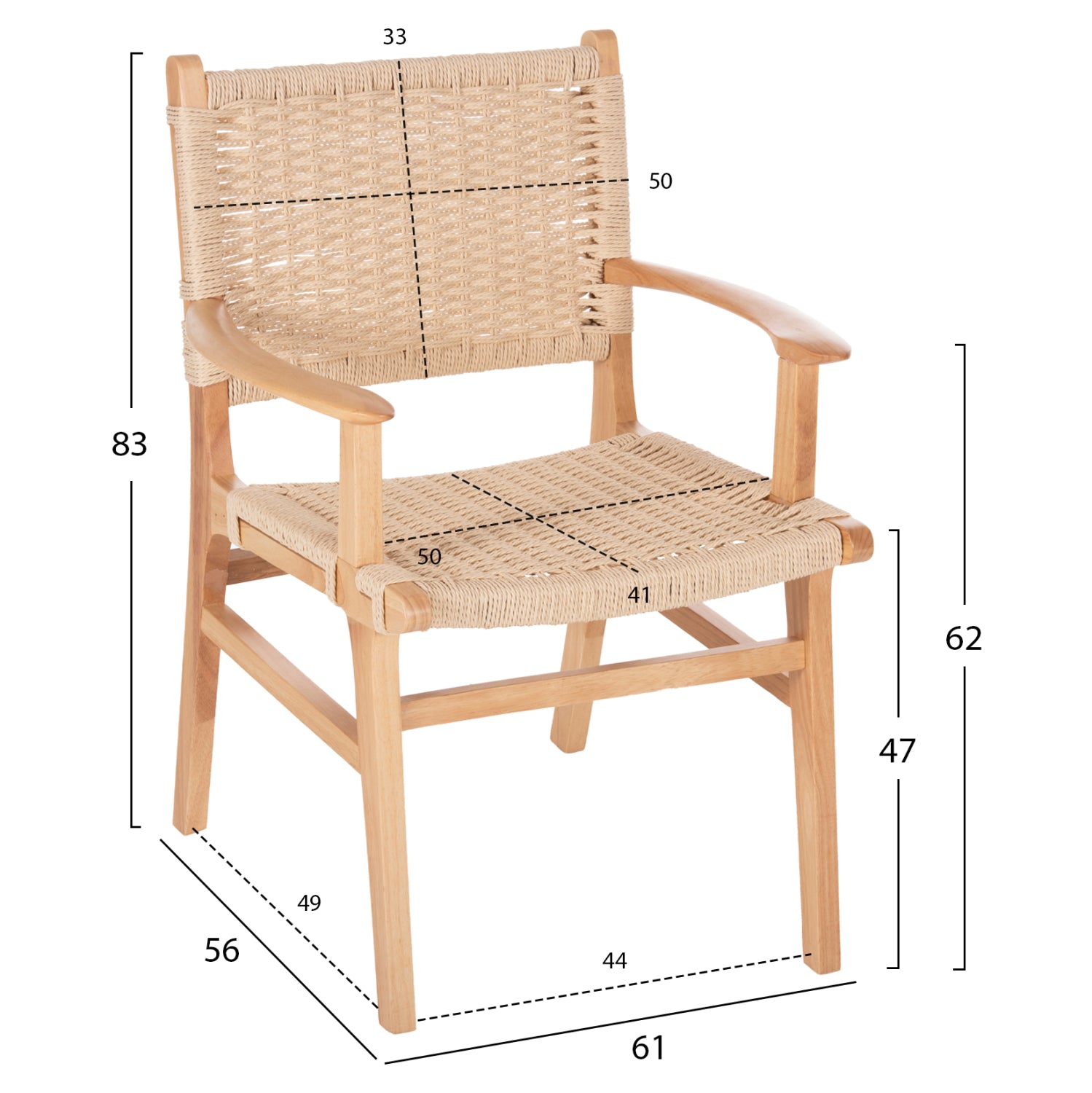 Кресло Игнасио натурал дърво/въже 61x56x83