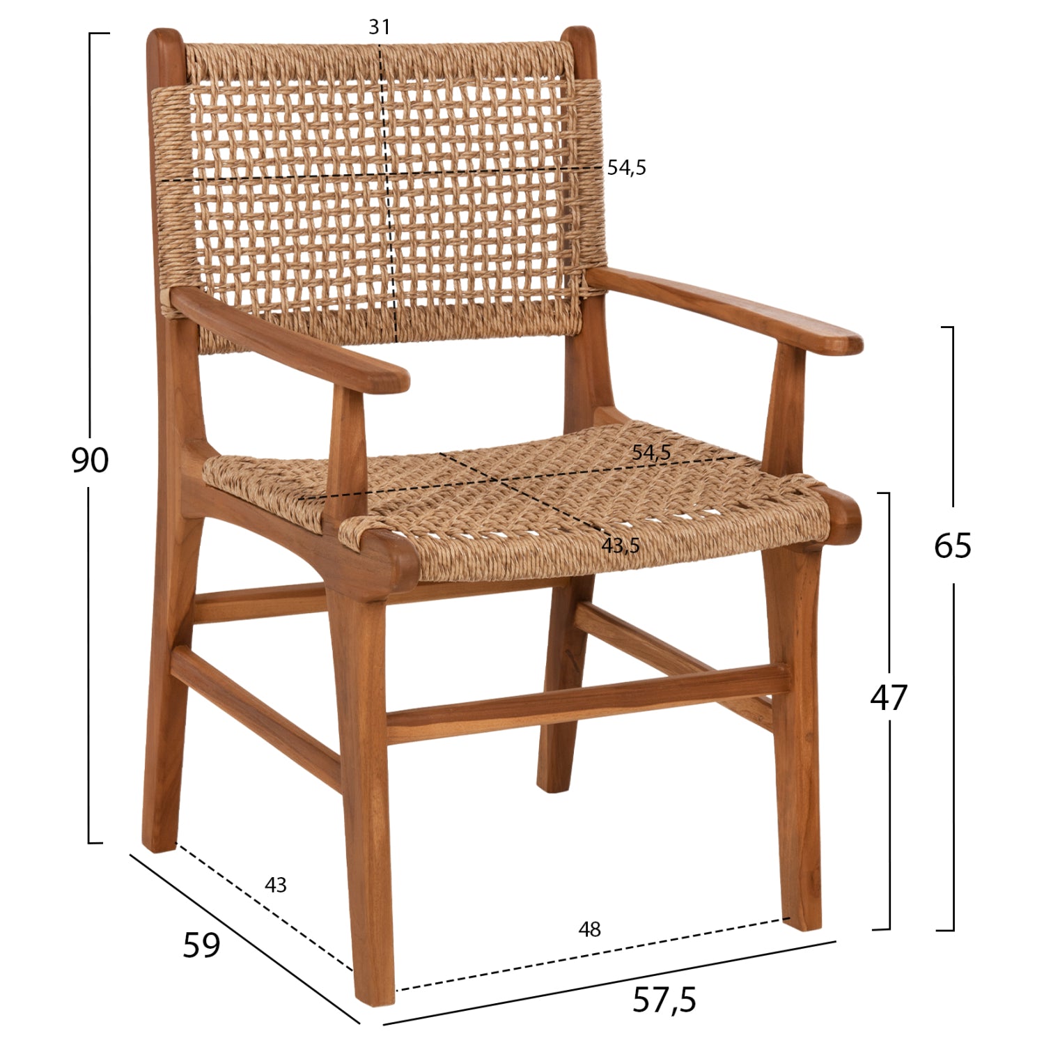 Трапезарен стол NESHA тиково дърво с въже в естествен цвят 57.5x59x90в см