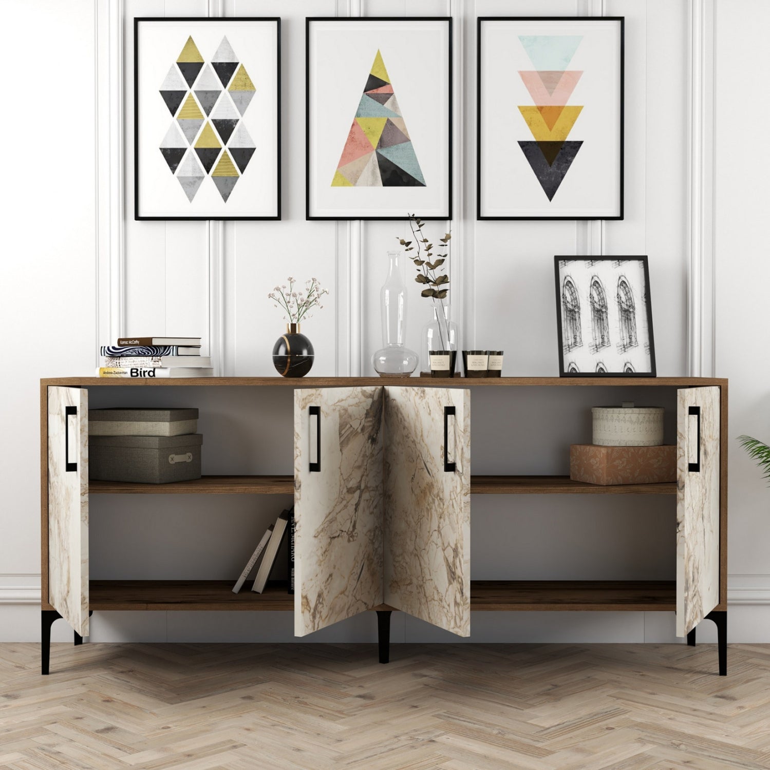 Бюфет 9428 орех-екрю цвят  180х35х78см