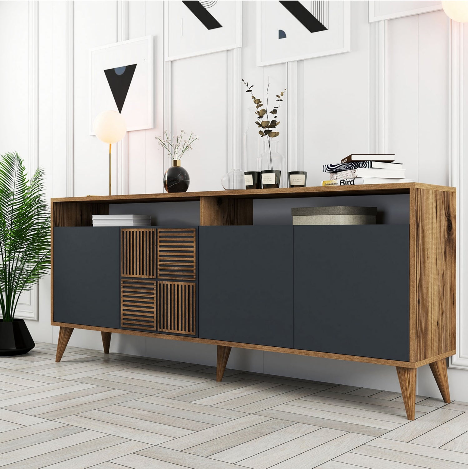 Бюфет меламин в орех с вратички въглен 180x35x78.6см.