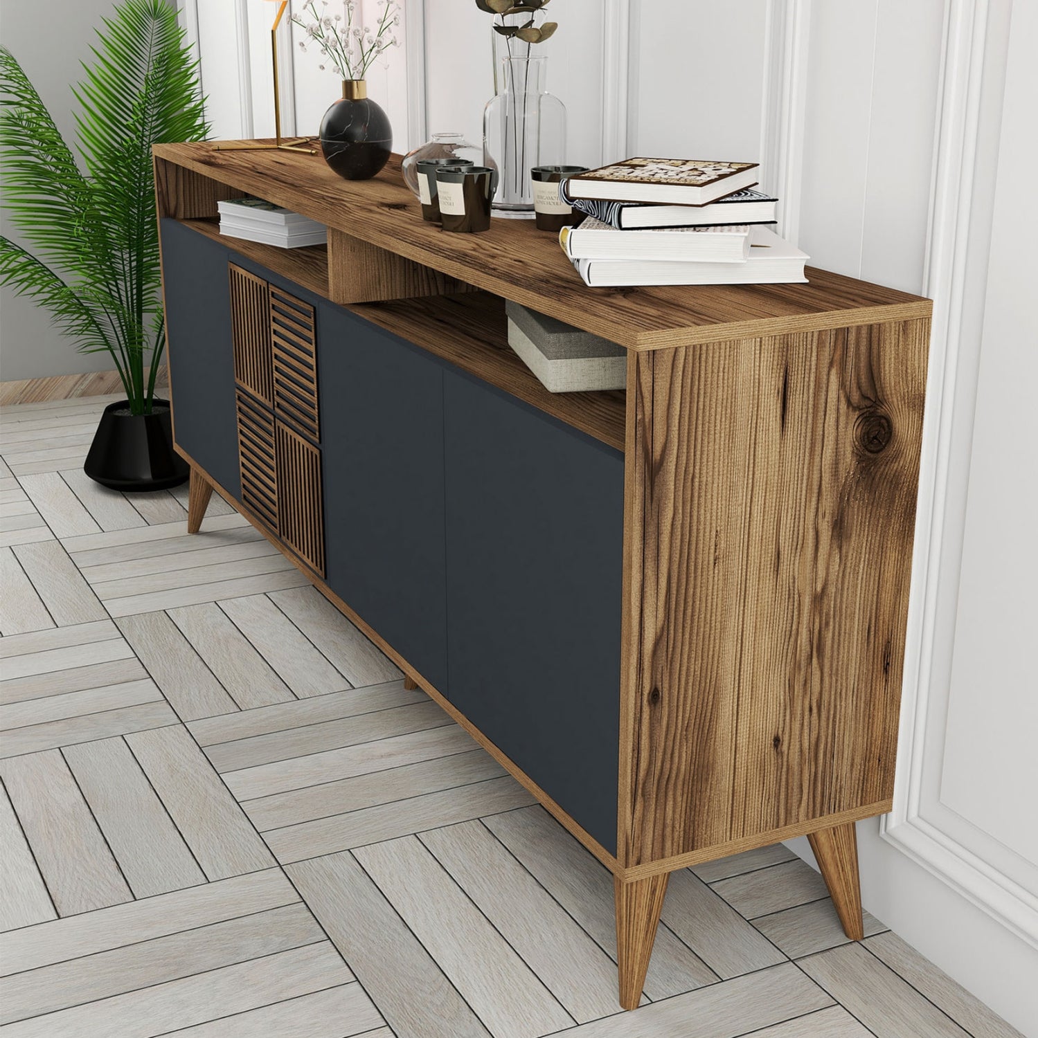Бюфет меламин в орех с вратички въглен 180x35x78.6см.