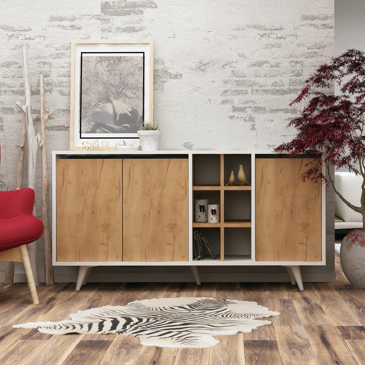 Бюфет бял меламин с вратички цвят орех 140х40х86см.