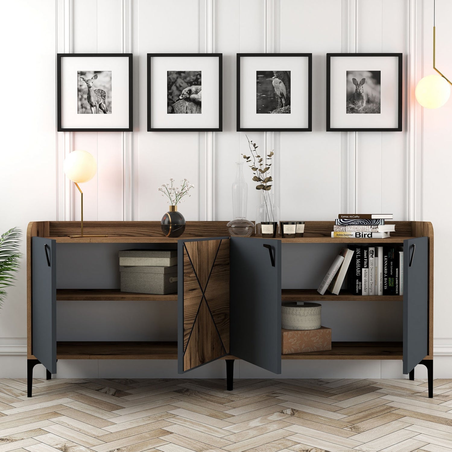 Бюфет меламин цвят  орех и вратички въглен 180x35x78см.
