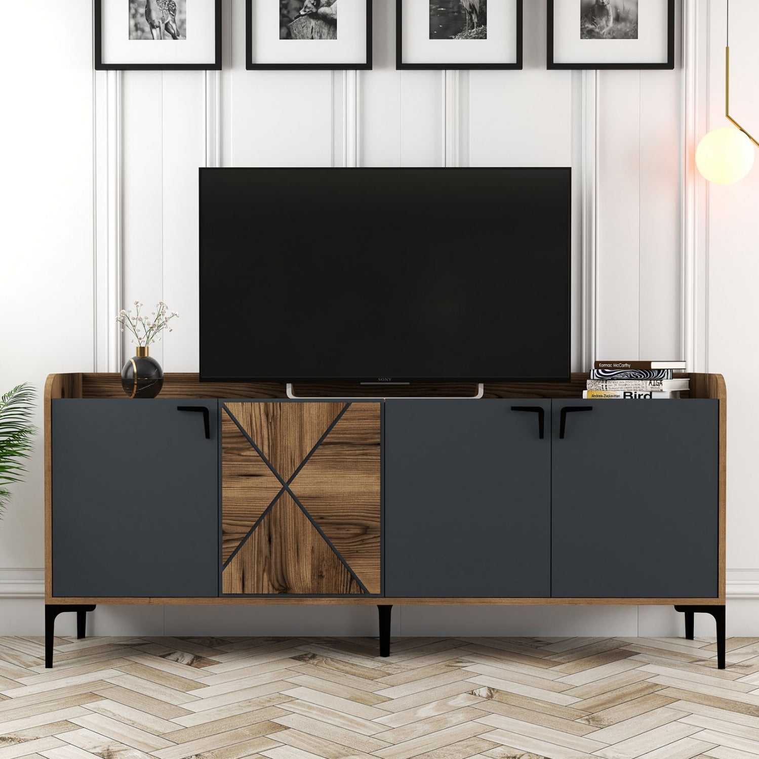Бюфет меламин цвят  орех и вратички въглен 180x35x78см.