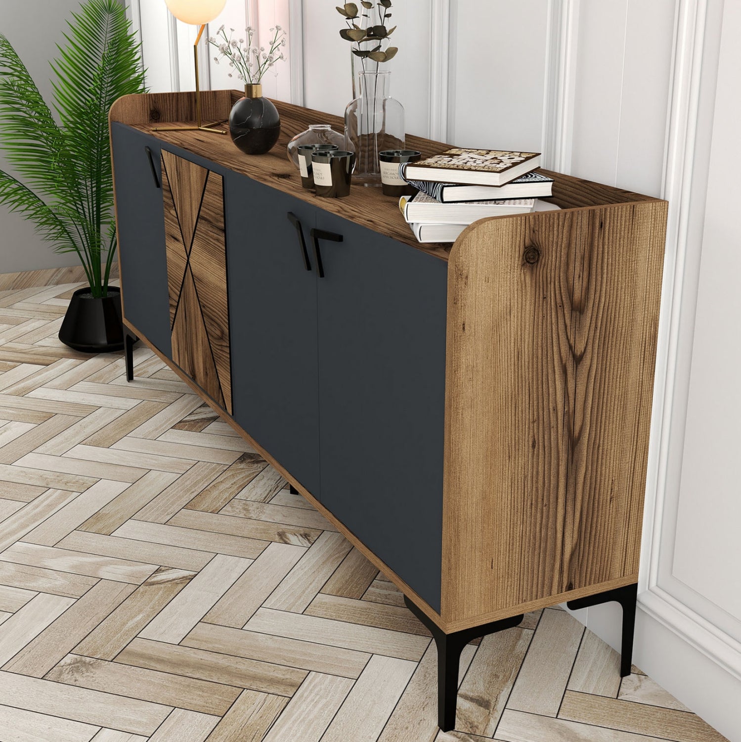 Бюфет меламин цвят  орех и вратички въглен 180x35x78см.