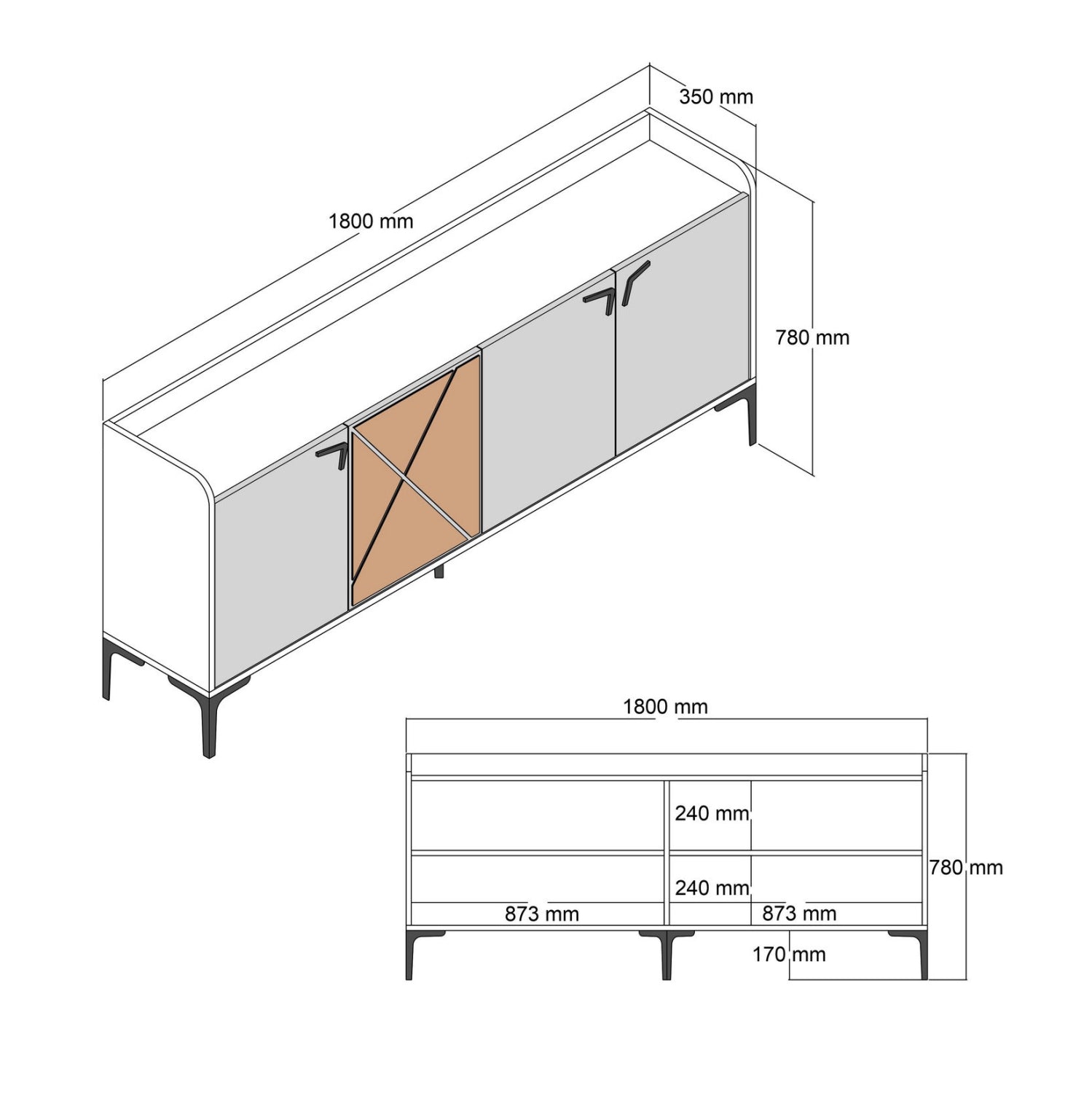 Бюфет  меламин орех с вид на черен мрамор 180x35x78h см.