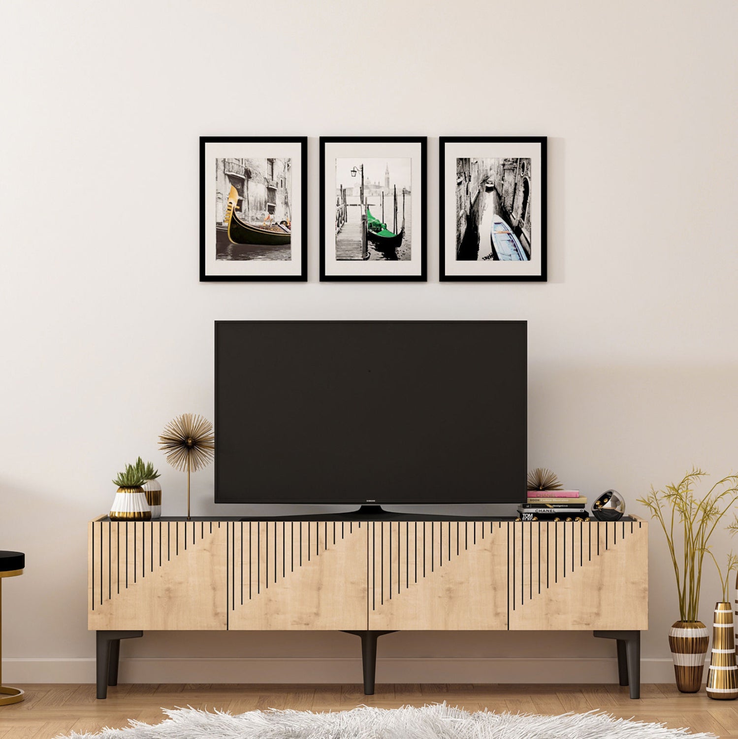 Тв шкаф цвят натурал-черен мрамор  154x37x45