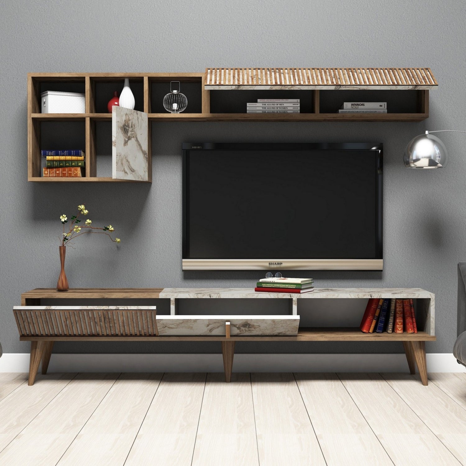 ТВ Композиция Орех-Бял Мрамор 180x35x40 см с Стенни Елементи