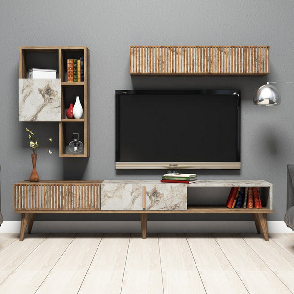ТВ Комплект Орех-Бял Мрамор 180x35x40 см с Стенни Елементи