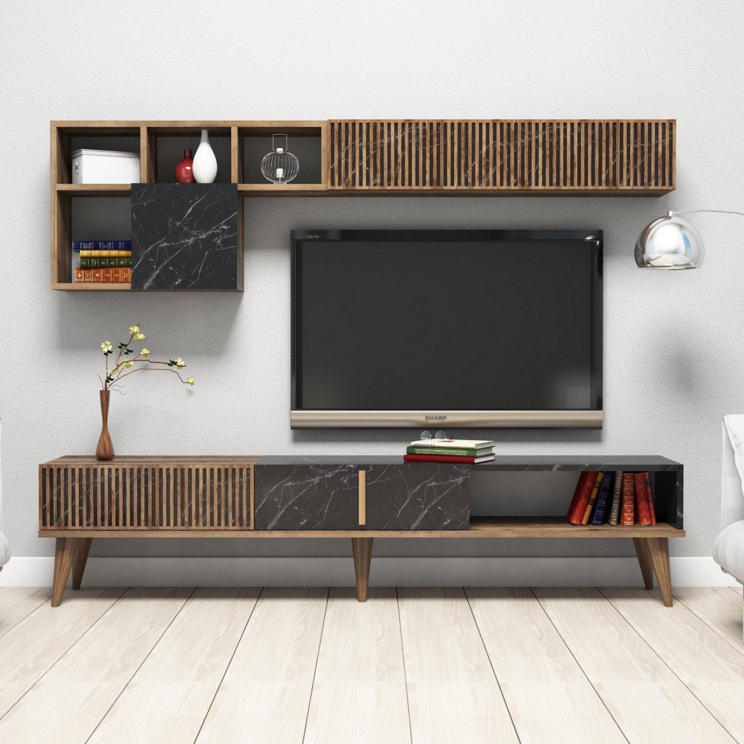 Тв шкаф комплект  меламин в цвят черен мрамор/ орех 180x35x40см.