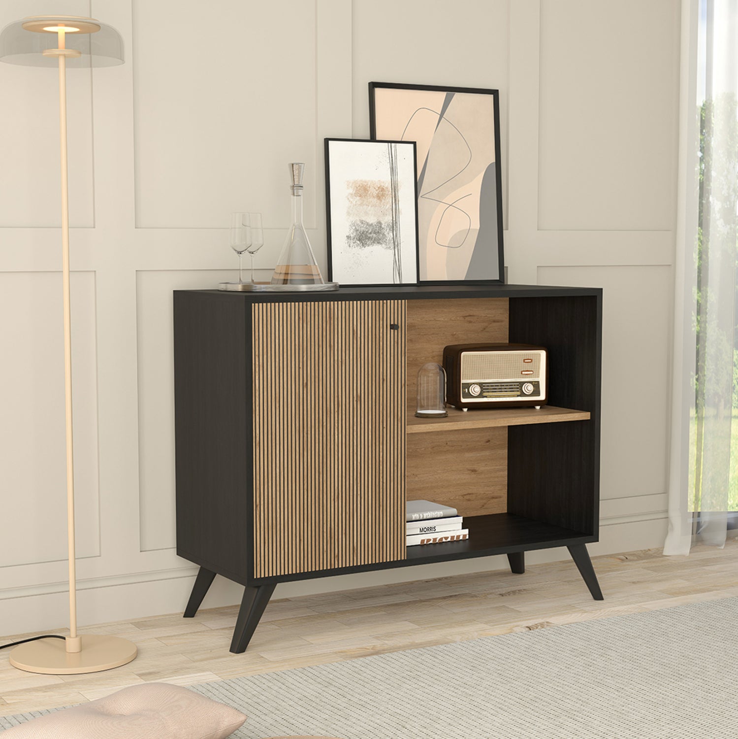 Меламинов шкаф-конзола Кruden черен-натурал 100х40х785см