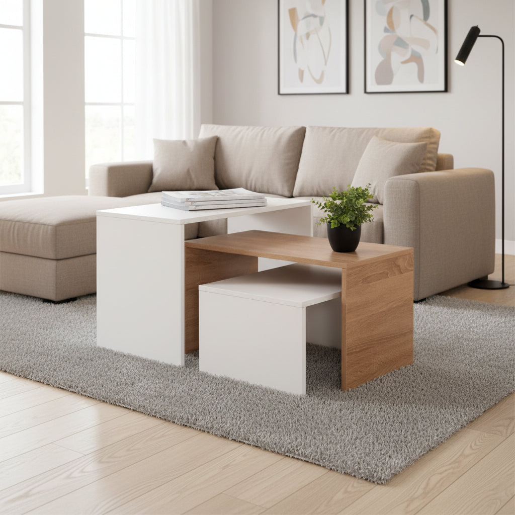 Комплект масички за кафе BENTIL  3 бр сонома-бял цвят 65x35x45см