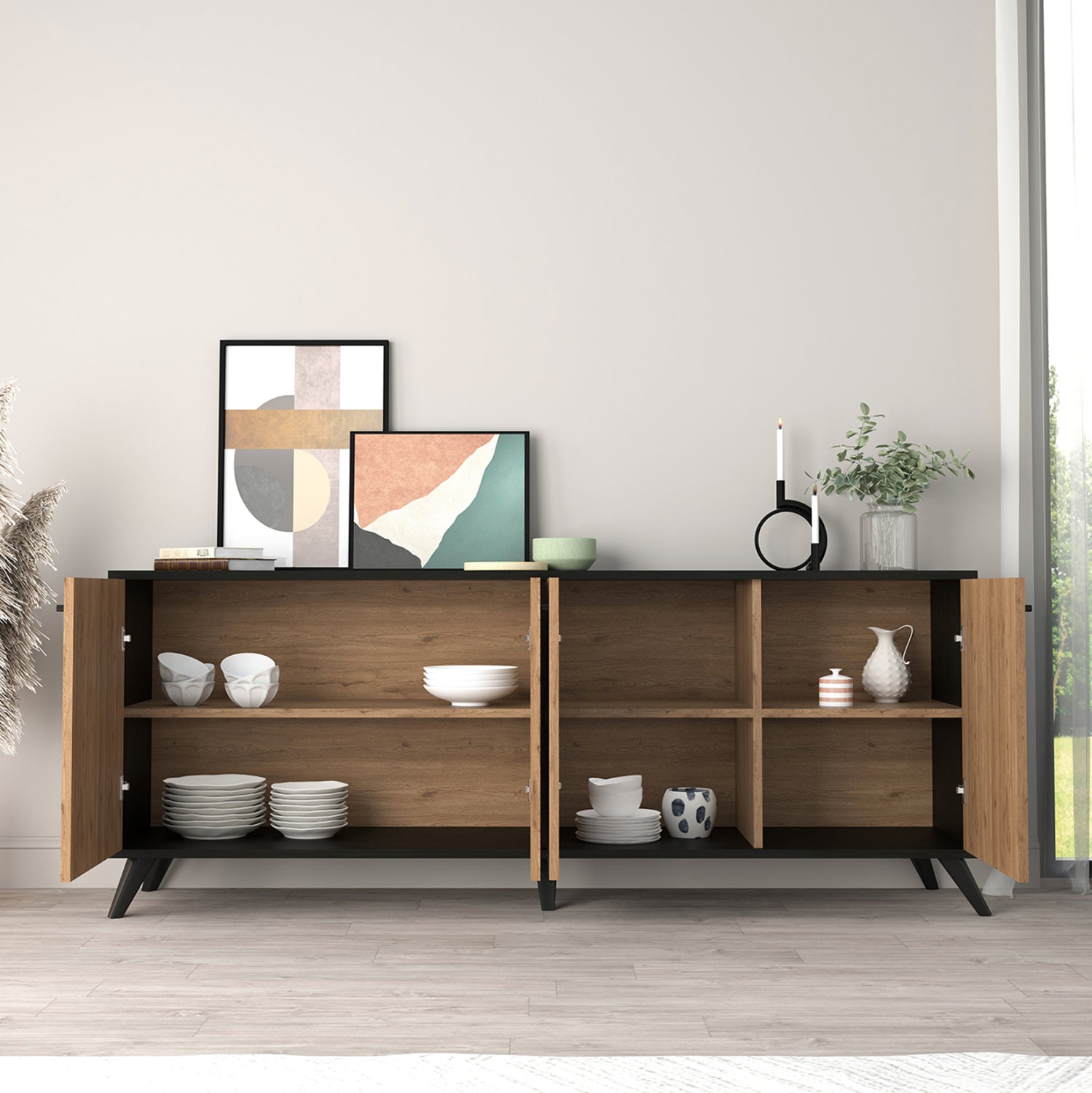 Бюфет  KRUDEN цвят черен-натурал 180x40x78.6cм