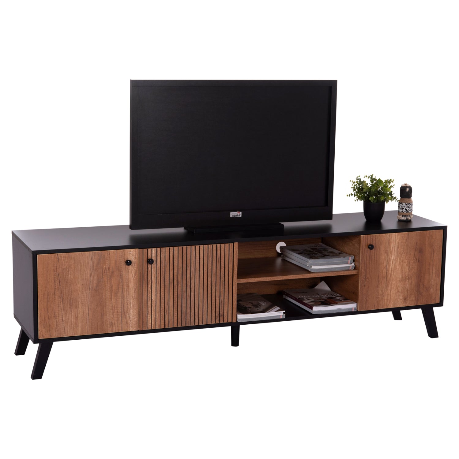 Тв шкаф Kruden меламинов в черно-натурален 180x40x51см