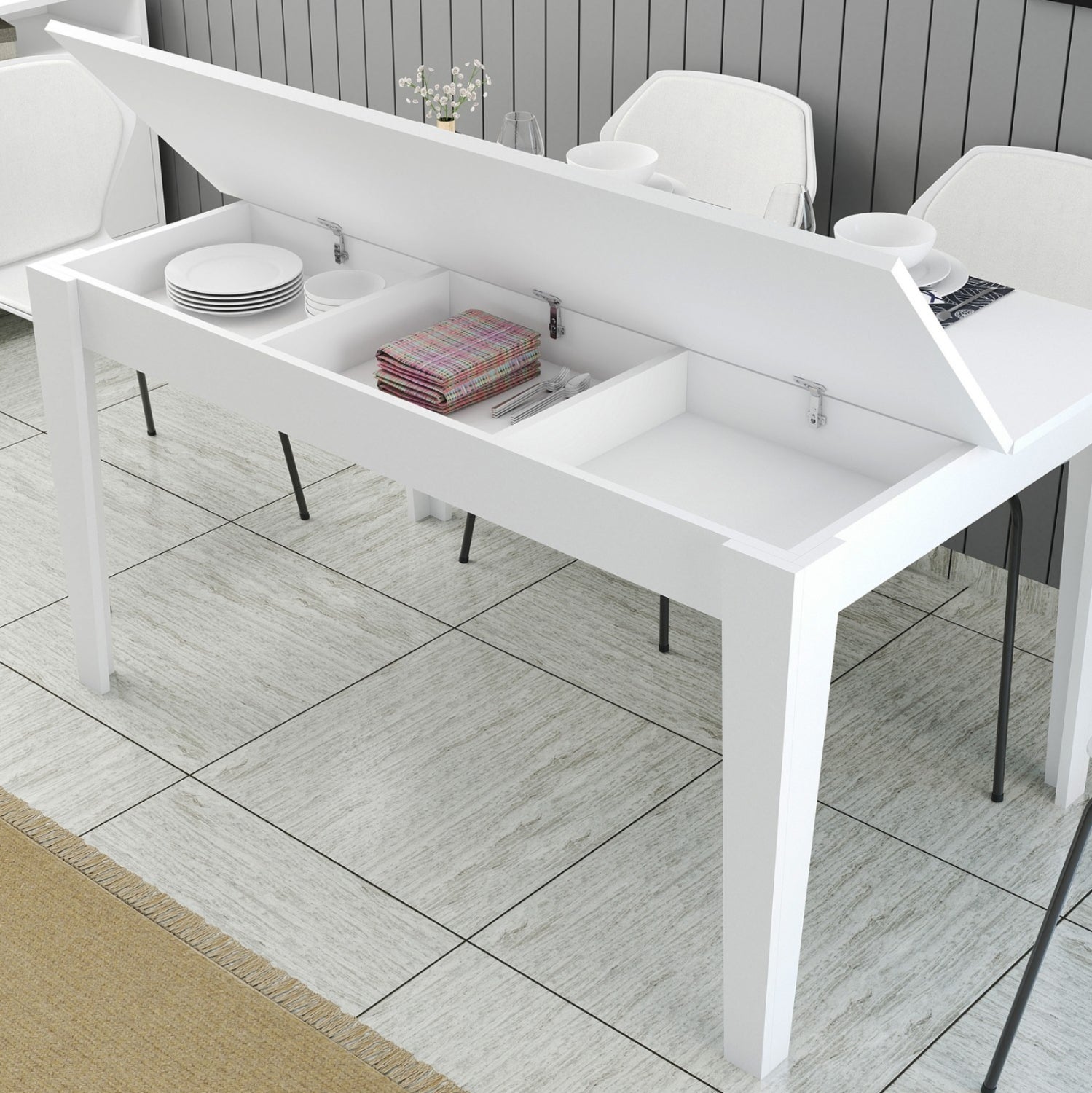 Маса за трапезария STANDARD меламин, бяла, с място за съхранение, 145x88x75см.
