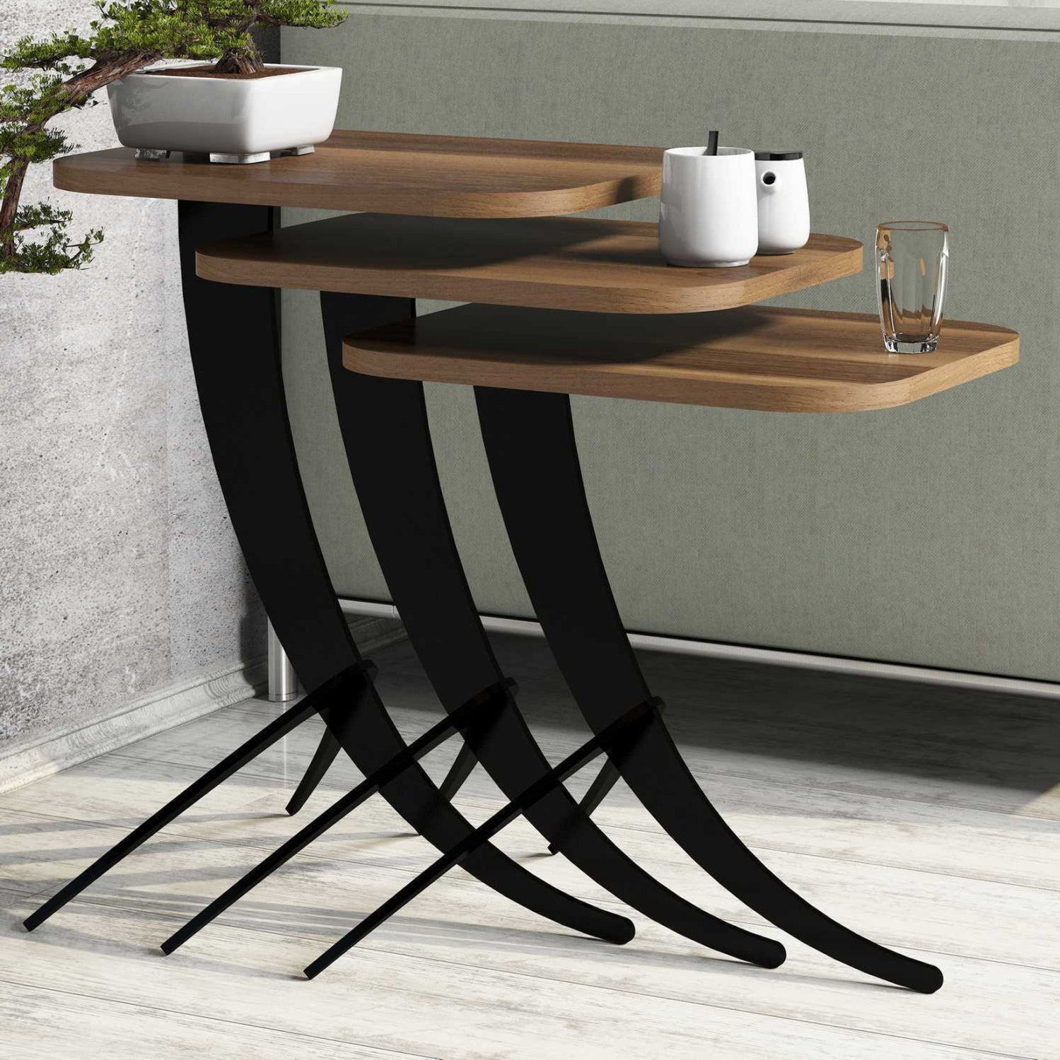 Помощни маси ZIGON 3 бр цвят черен-орех  35x45x60см