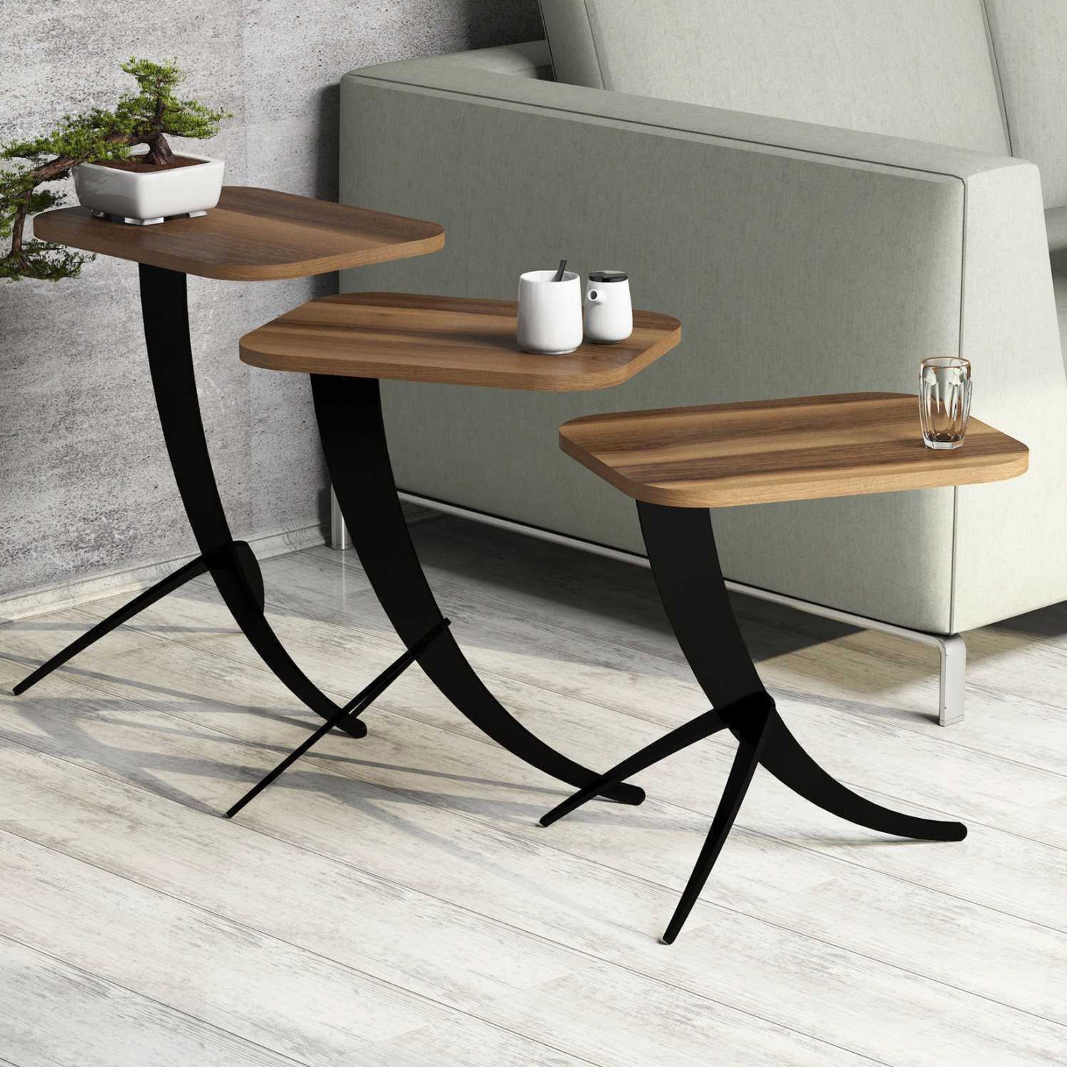 Помощни маси ZIGON 3 бр цвят черен-орех  35x45x60см