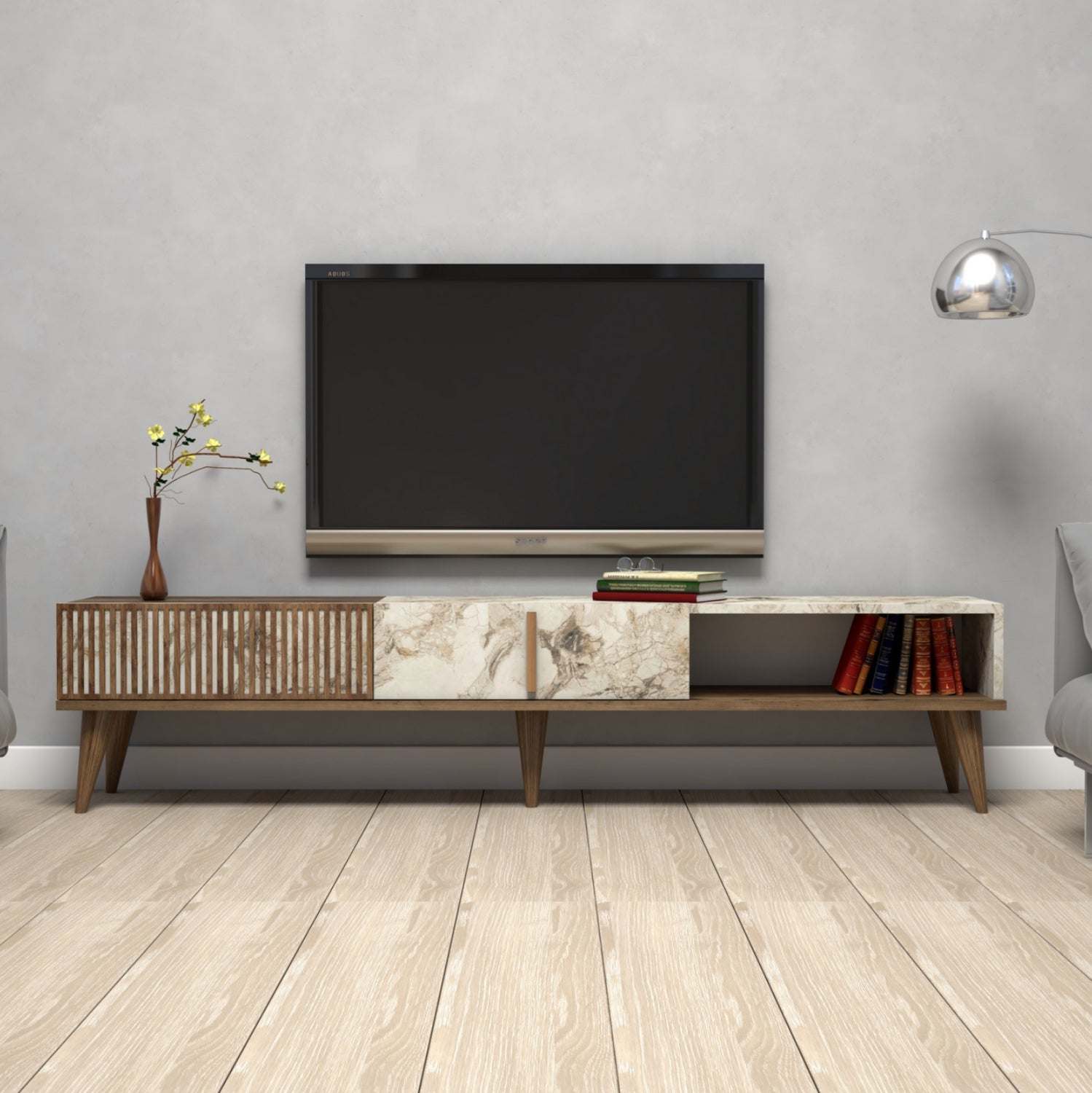 Тв шкаф цвят орех/бял мрамор ефект 180x35x40см.