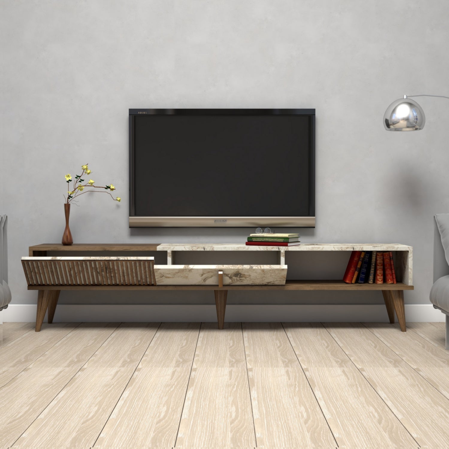 Тв шкаф цвят орех/бял мрамор ефект 180x35x40см.