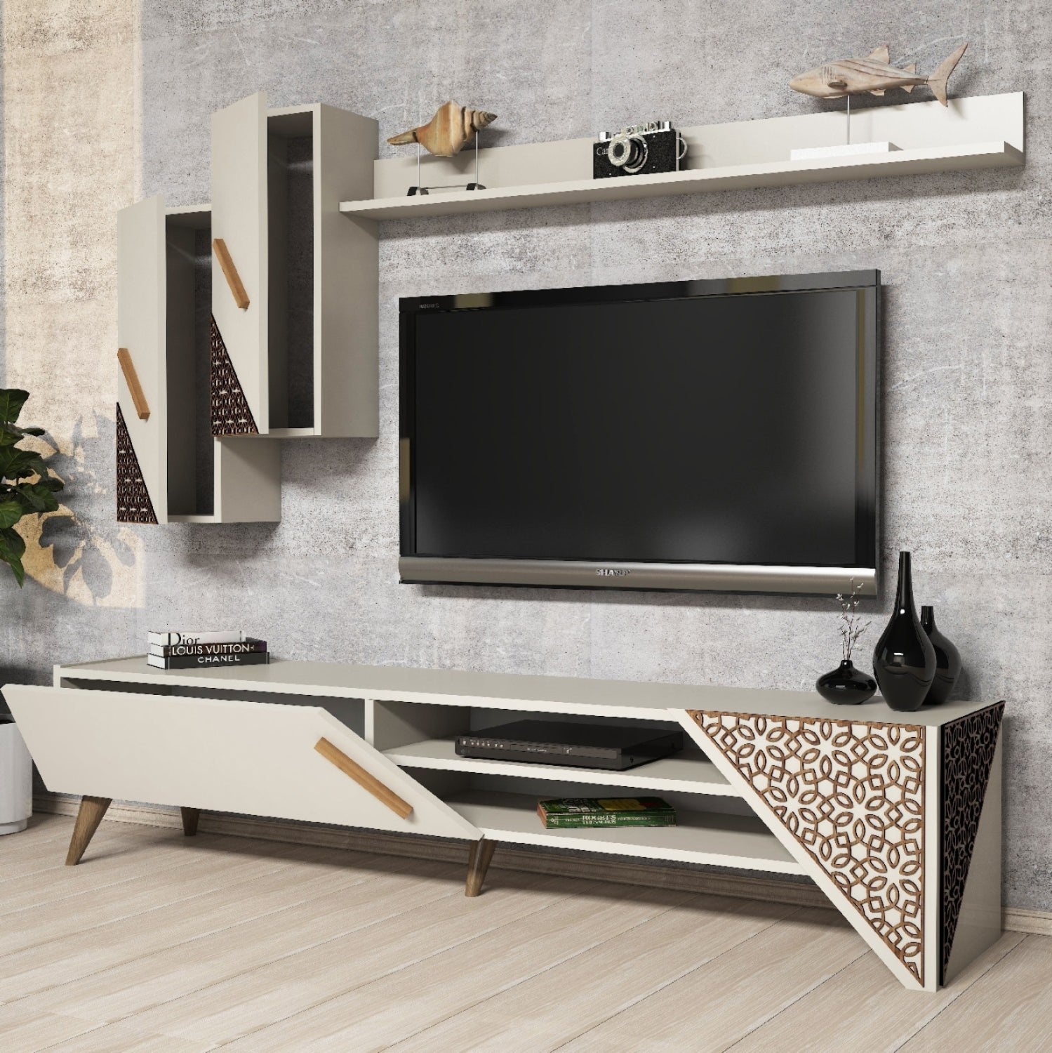 Тв шкаф  комплект в кремав цвят 180x37x40 см