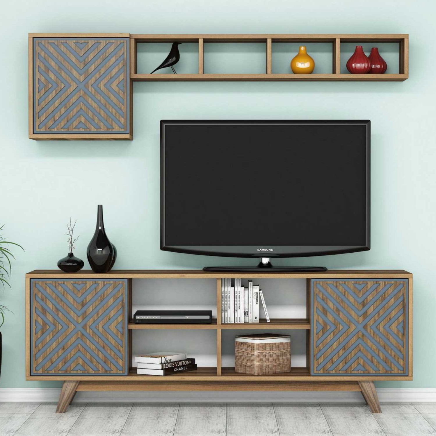 Тв комплект цвят орех-син 160x35x56.2