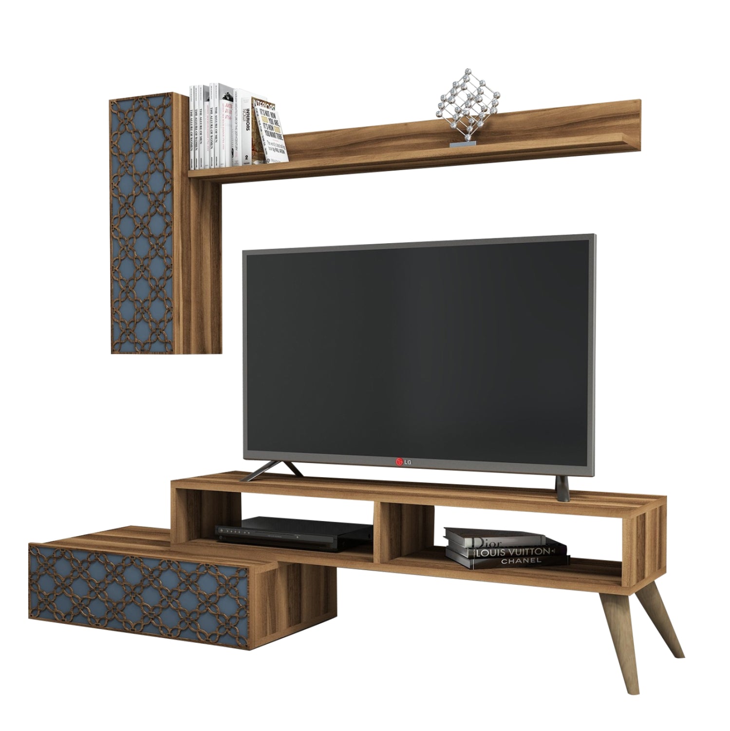 Тв комплект  меламин в орех със синьо 150x372x378см