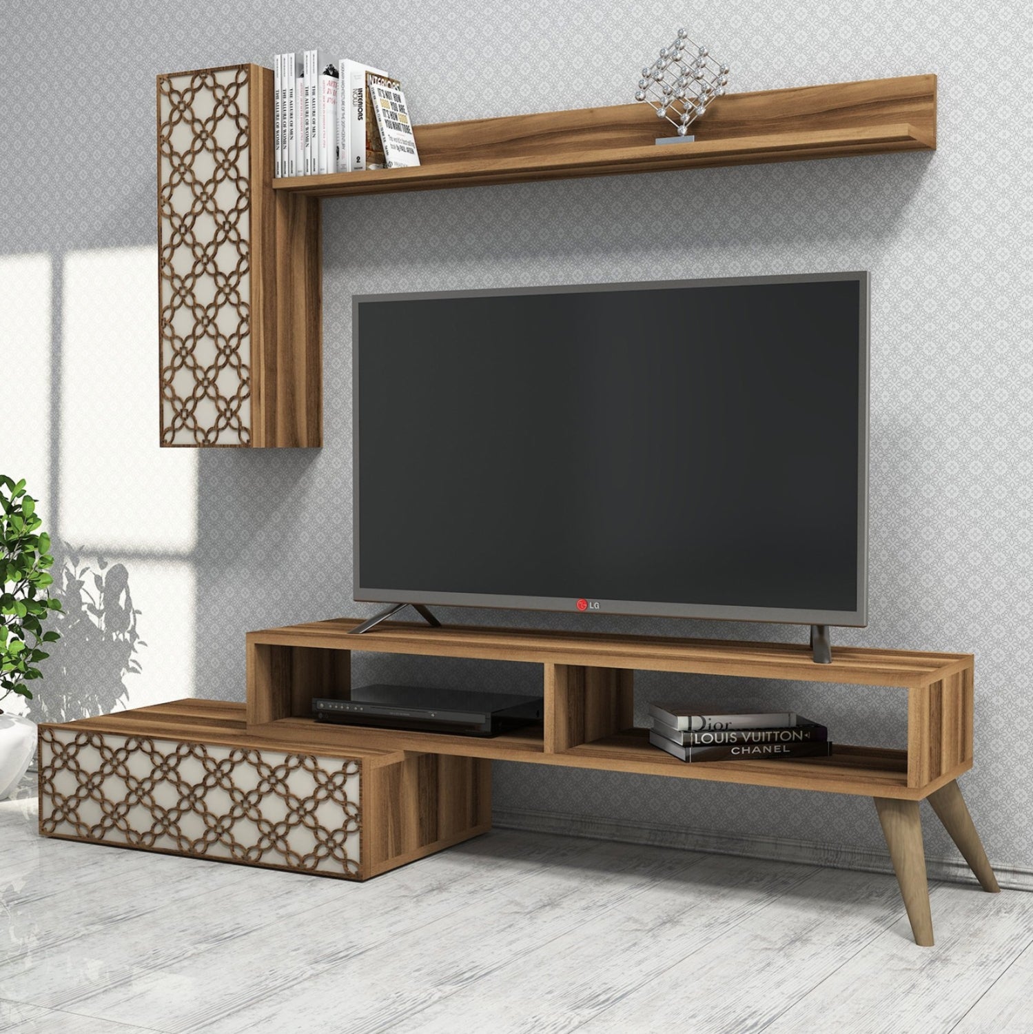 Тв комплект цвят орех-крем 150x37.2x37.8