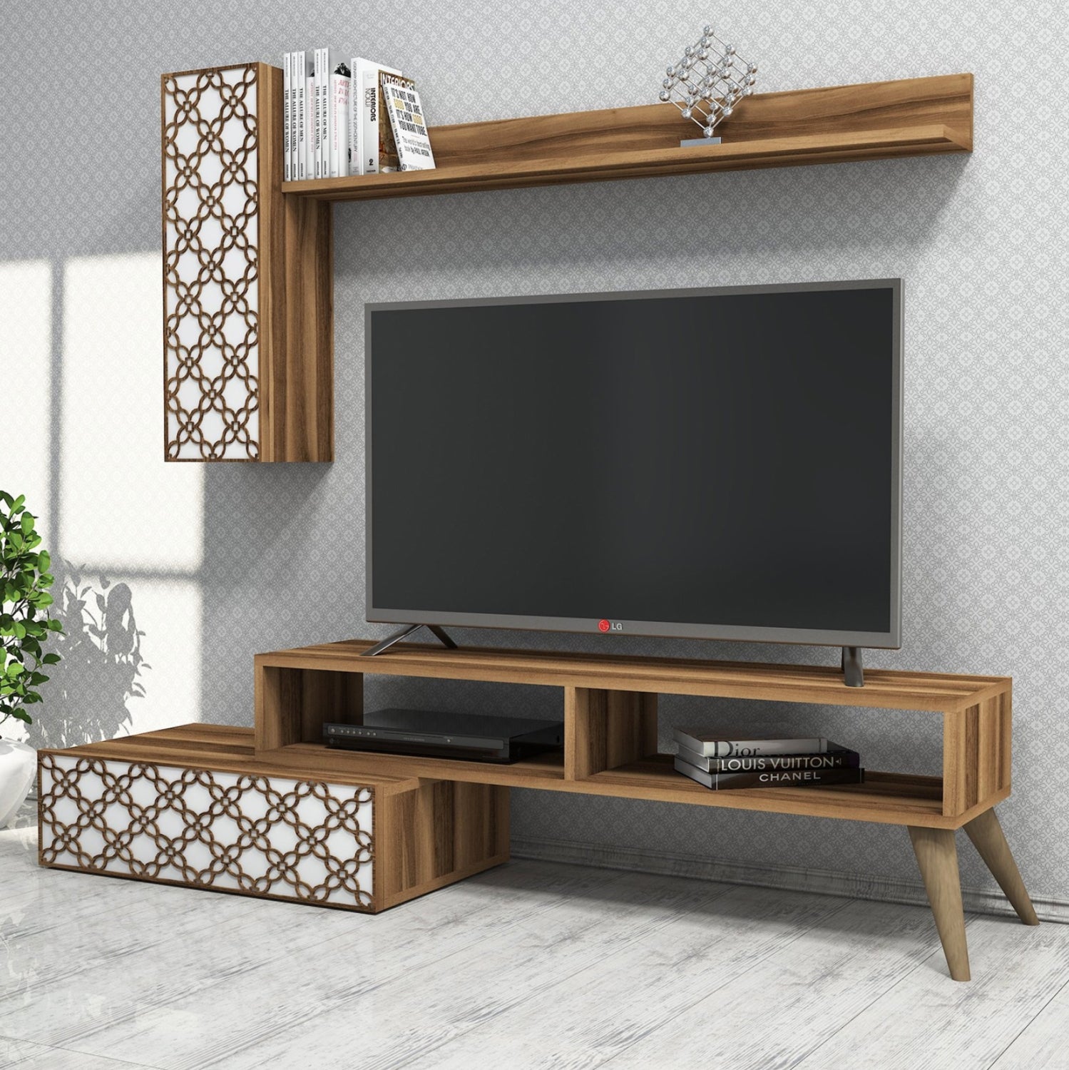 Тв комплект цвят орех-бял 150x37.2x37.8
