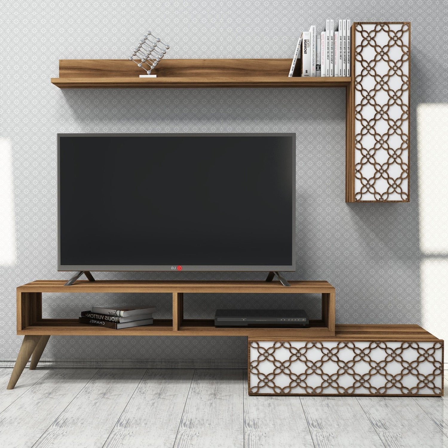 Тв комплект цвят орех-бял 150x37.2x37.8