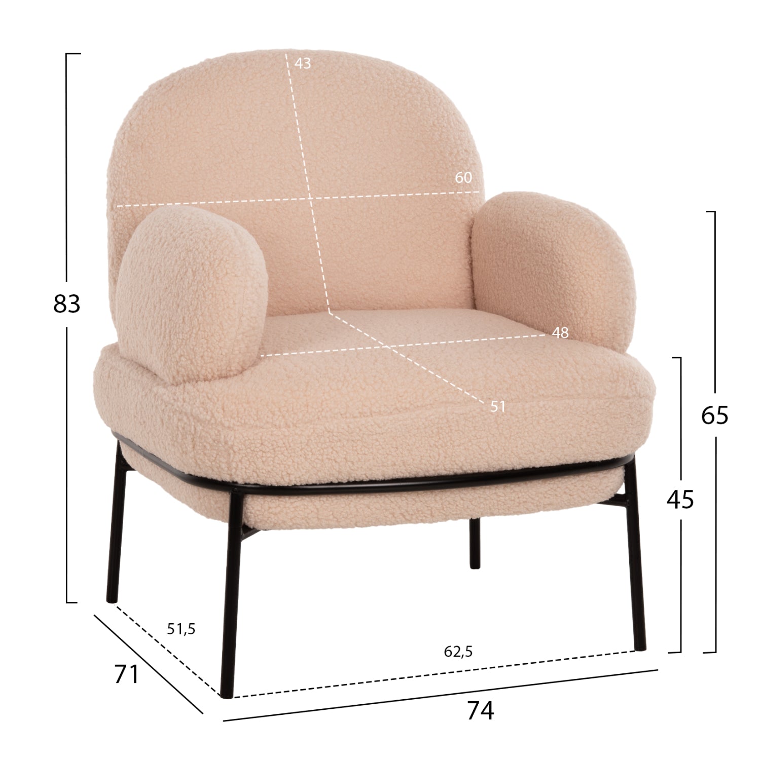 Кресло Агнес букле цвят екрю-черен 74x71x83