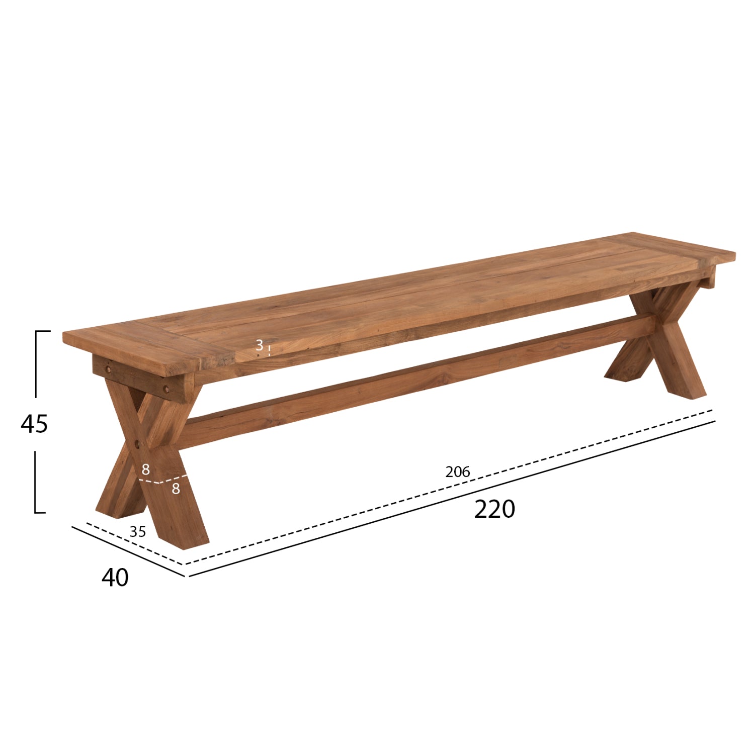 Пейка тиково дърво натурал  220x40x45