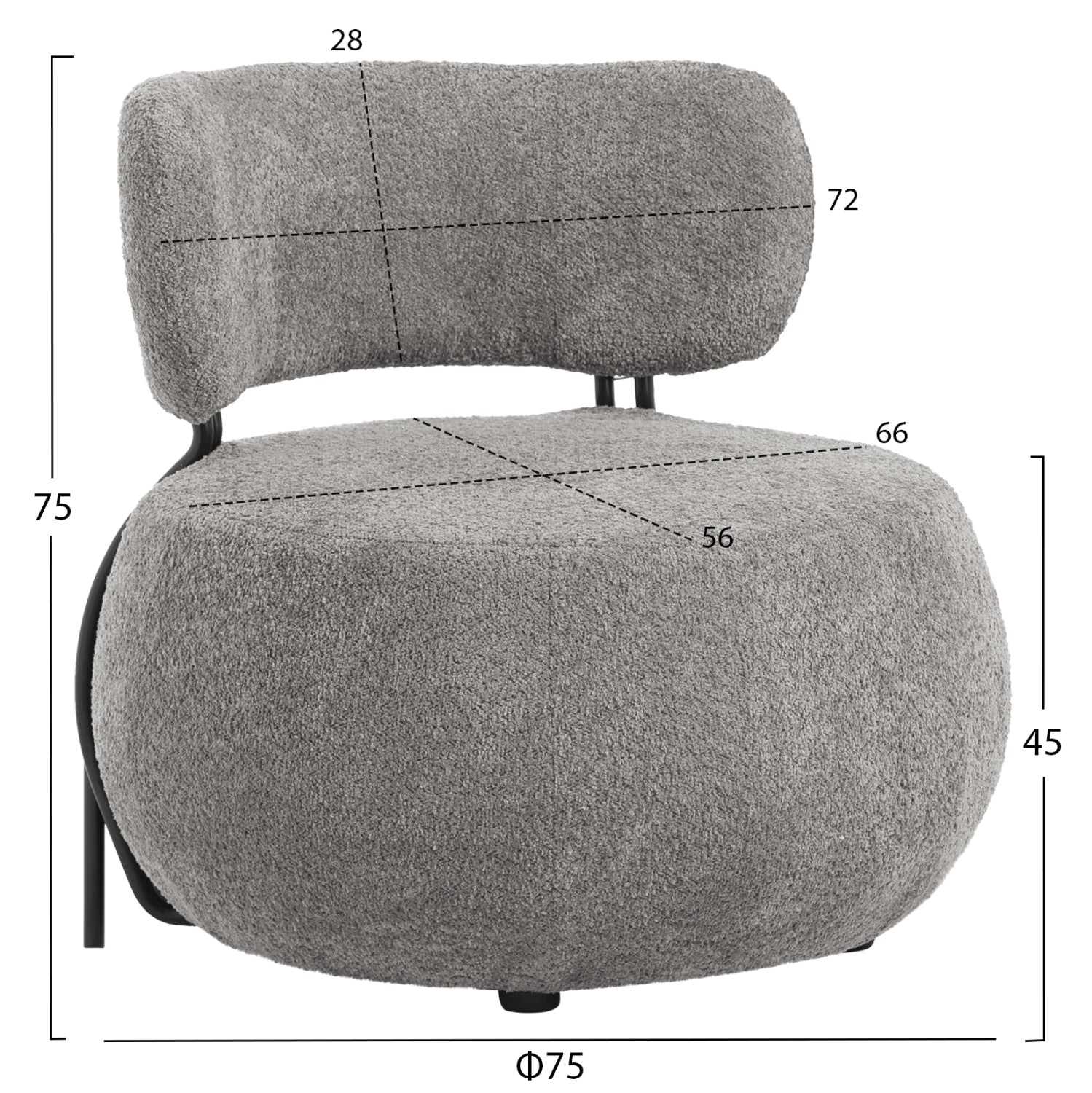 Кръгъл фотьойл   KARSEN сиво букле плат 75x75x75см.