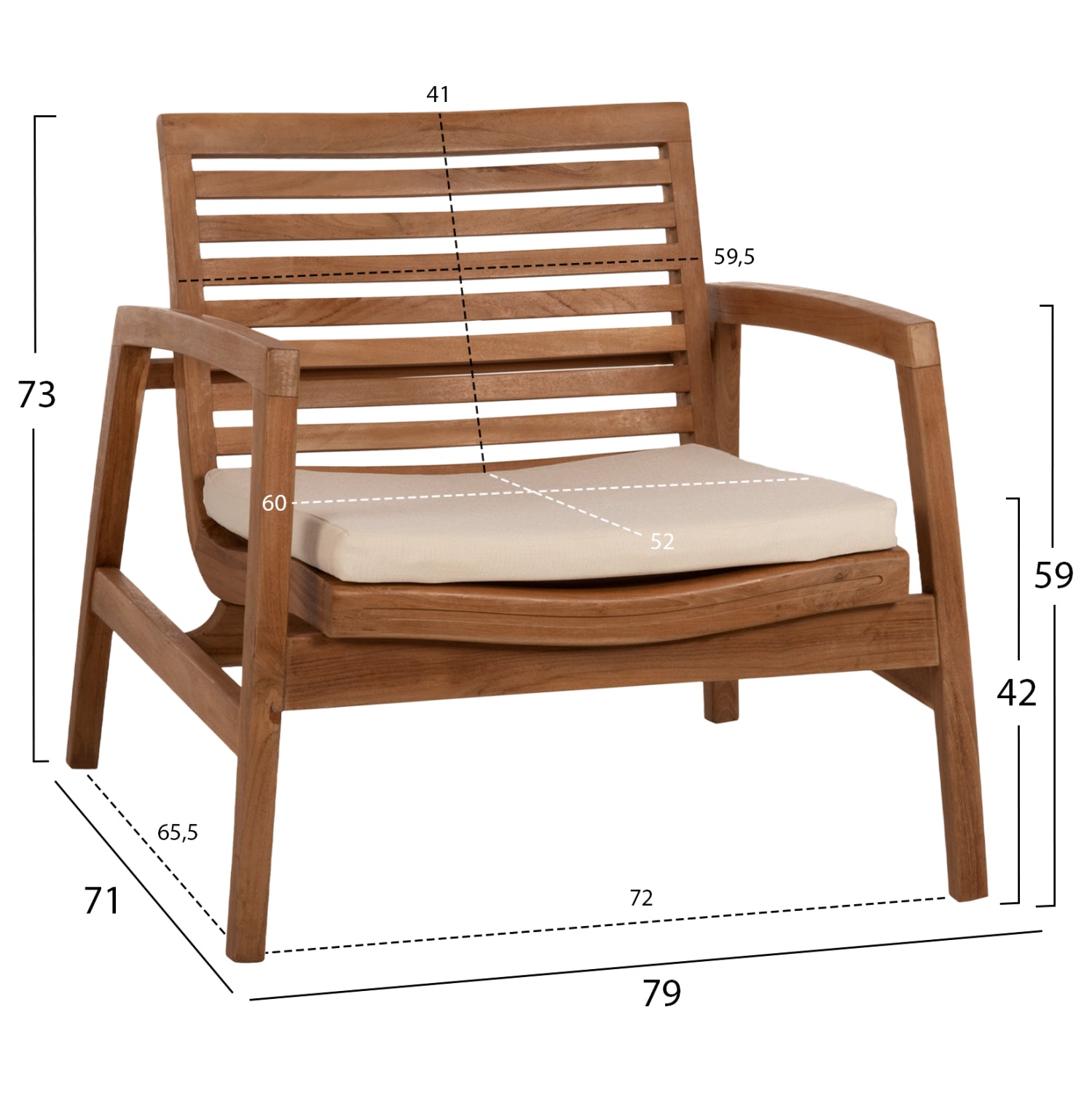 Комплект Довер тиково дърво с бели възглавници натурал диван с 2 кресла и маса 115x58,5x47