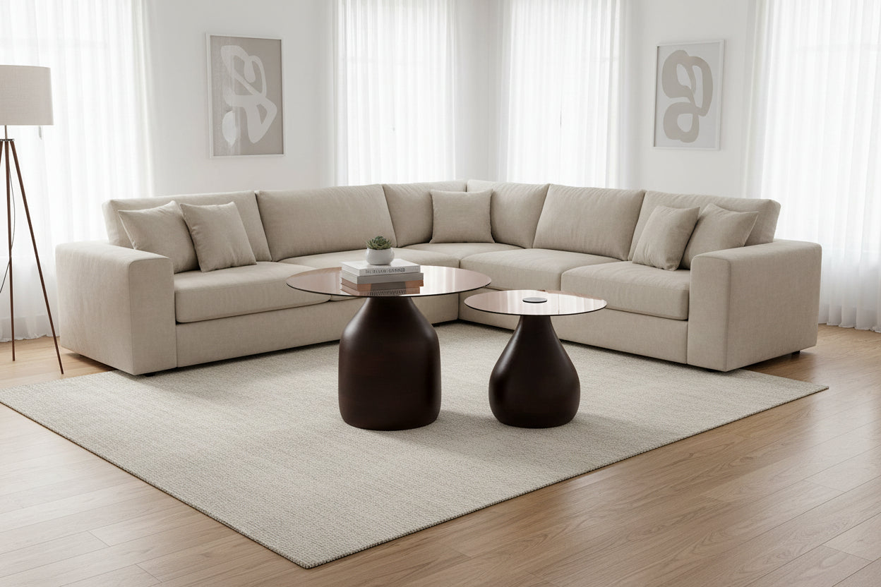 Помощни маси CHANG манго дърво/стъклен плот кафяв цвят Φ55x49.5 и Φ40x36.5см.