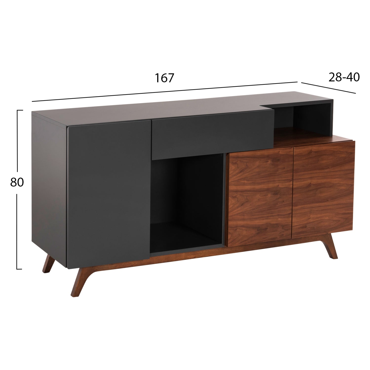 Бюфет PREDA цвят орех-тъмно сив 167x28-40x80