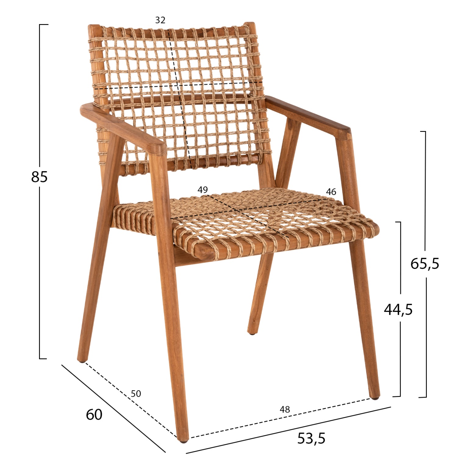 Кресло Вая натурал тиково дърво /въже  53,5x60,5x85