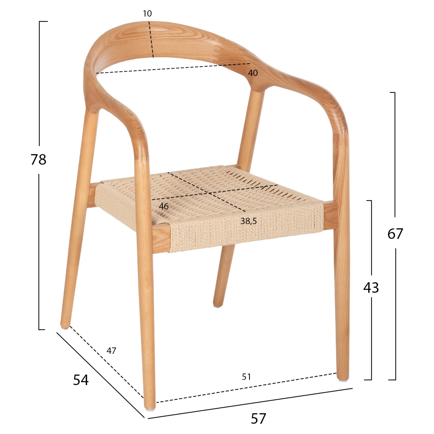 Стол 9874 дърво ясен -въже естествен цвят  57x54x78см