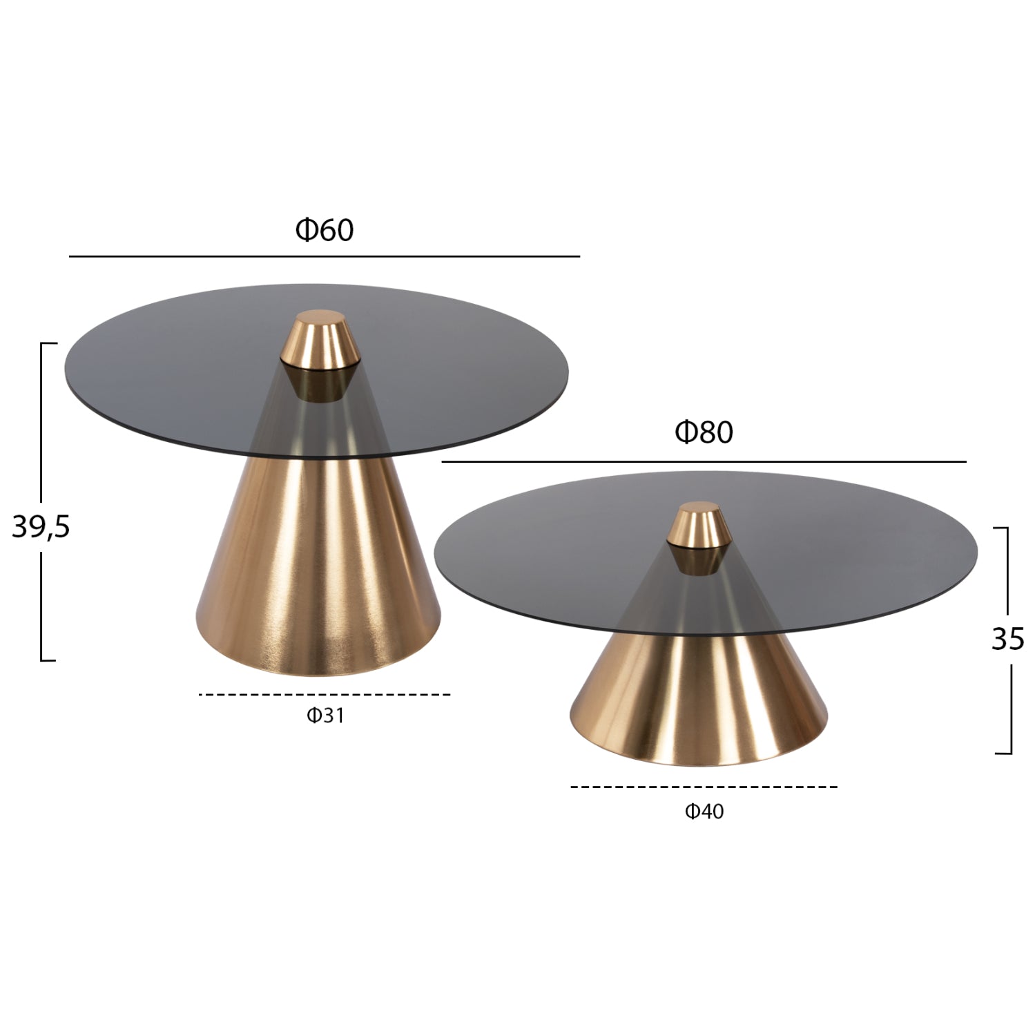 Комплект холни маси 2 бр REBEN златист метал-стъкло черен цвят Φ80 и Φ60 см