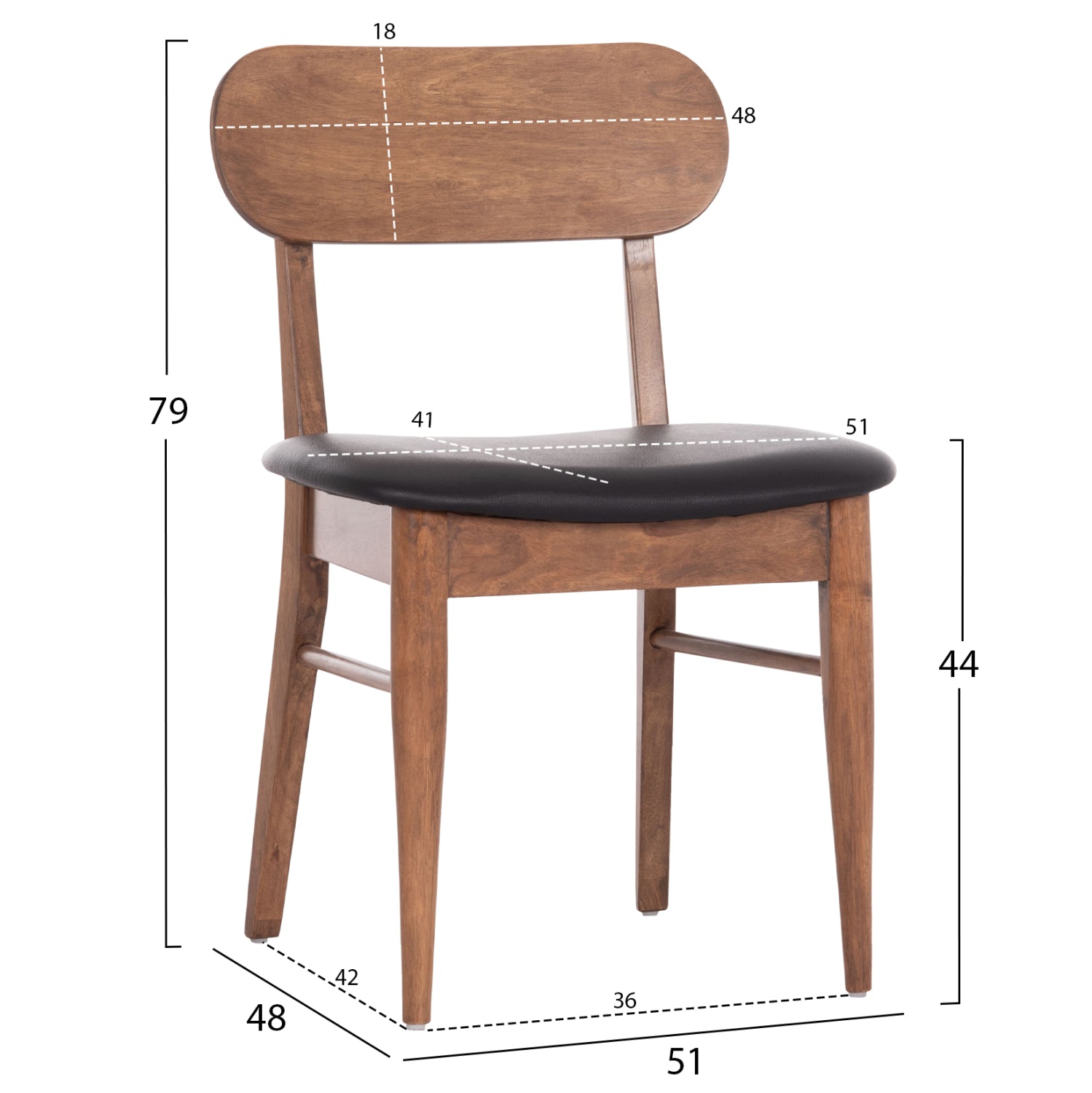 Трапезен стол Sekor орех каучуково дърво-черно pu 51x48x79cm