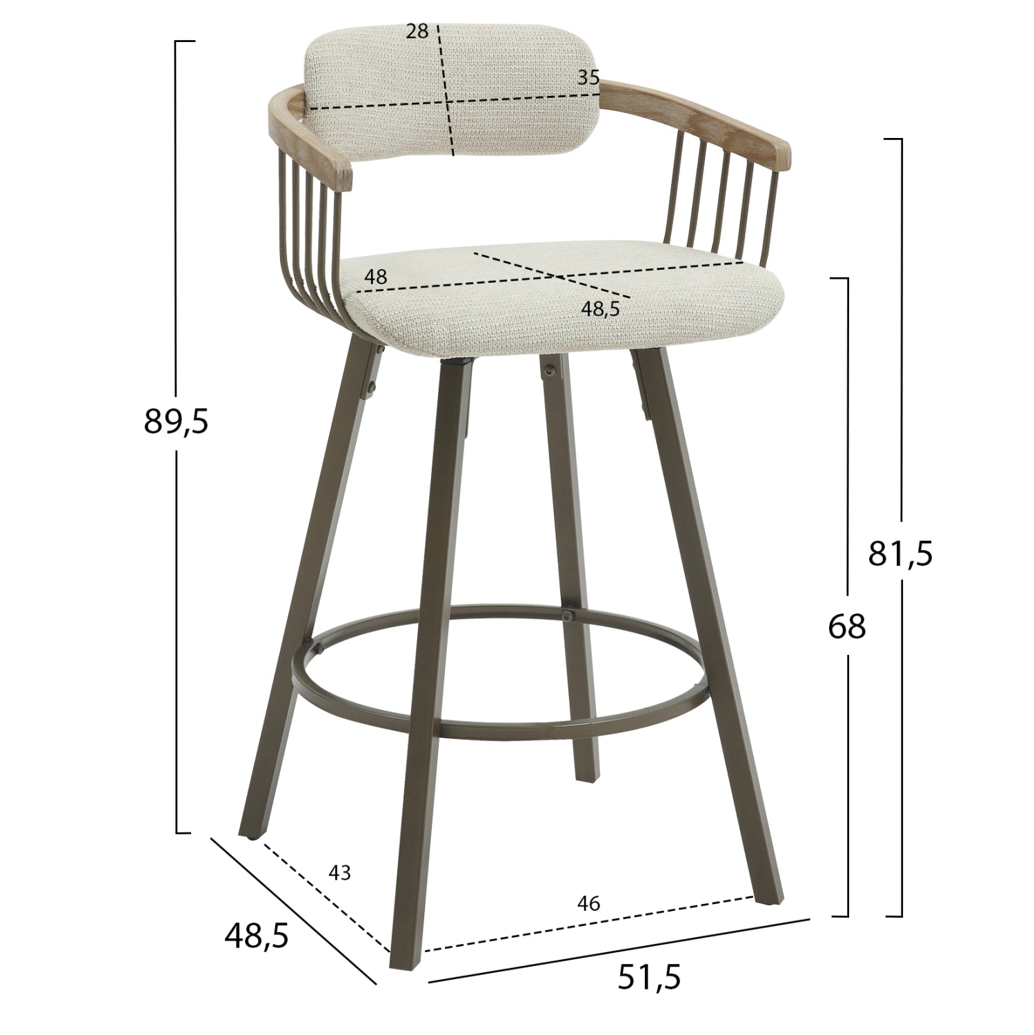 Въртящ се бар стол LANG с  крака в цвят античен мед/ плат крем 51.5x48.5x89.5h