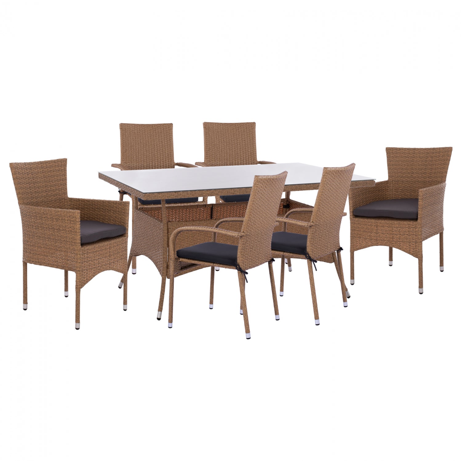 Комплект за хранене 7 части, маса 150x90 и 6 фотьойла от ратан, бежово-кафяво КГ11715.02