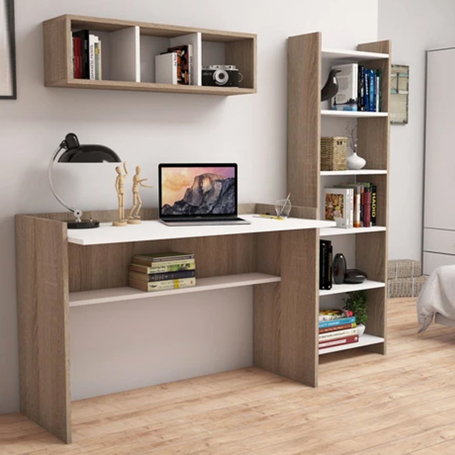 Комплект бюро с библиотека КГ11776.12 меламин в цвят сонома и бял