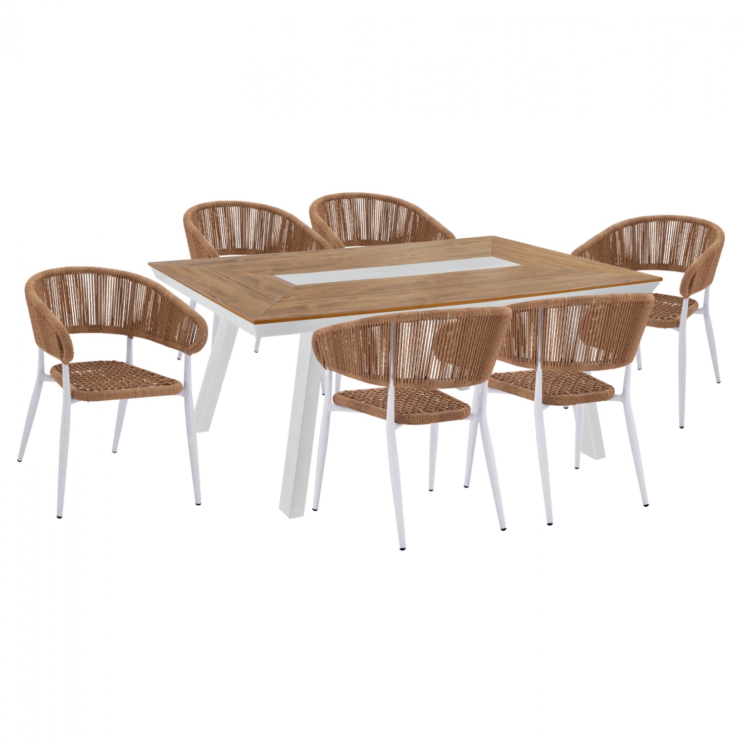 Комплект за хранене 7 части с маса от полидърво 200x94 и бели фотьойли КГ11425