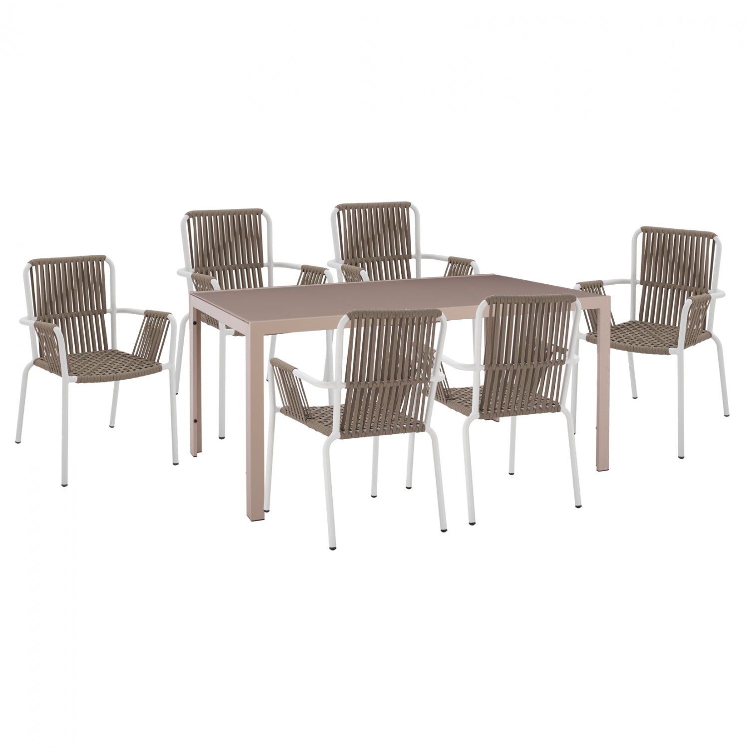 Комплект за хранене от 7 части, маса цвят капучино 150x90 и бели фотьойли с въже КГ11500