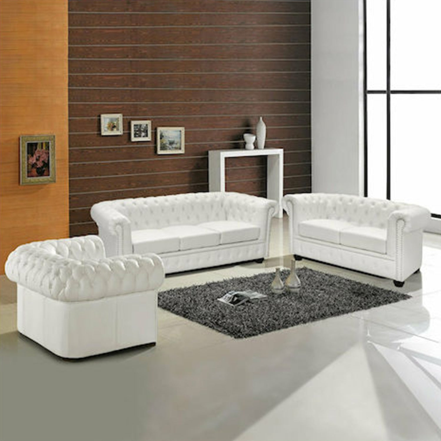 Комплект за хол с 2 и 3 места и кросът честърфийлд, матов бял